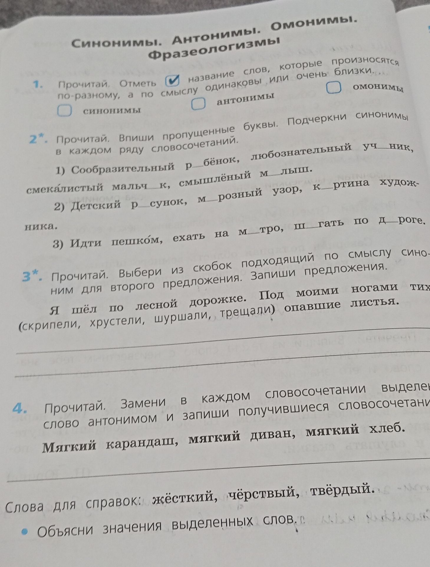 Фото задания: 3. Прочитай. Выбери из скобок подходящий по смыслу синоним для второго предложения. Запиши предложения. Я шёл по лесной…