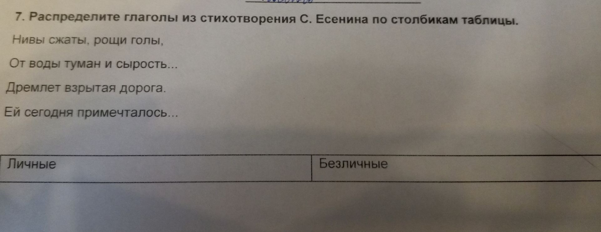 Фото задания: 7. Распределите глаголы из стихотворения С. Есенина по столбикам таблицы. Нивы сжаты, рощи голы, От воды туман и сырость...…