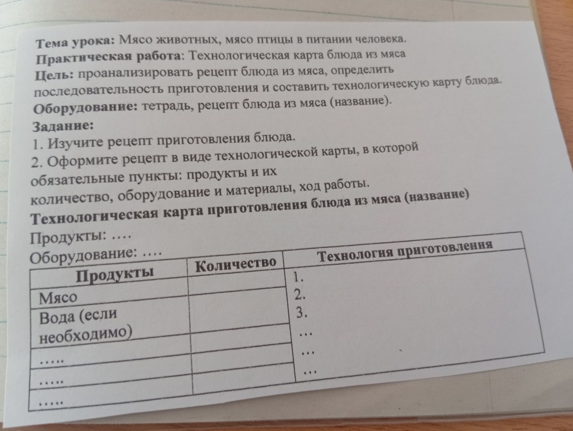 Фото задания: Тема урока: Мясо животных, мясо птицы в питании человека. Практическая работа: Технологическая карта блюда из мяса Цель:…
