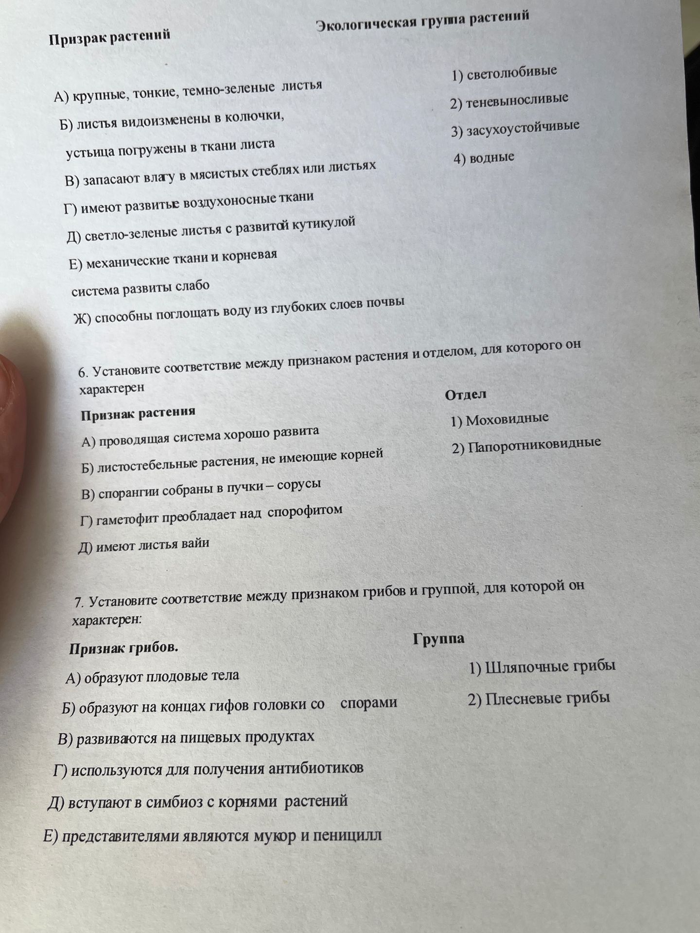 Фото задания: 7. Установите соответствие между признаком грибов и группой, для которой он характерен:
