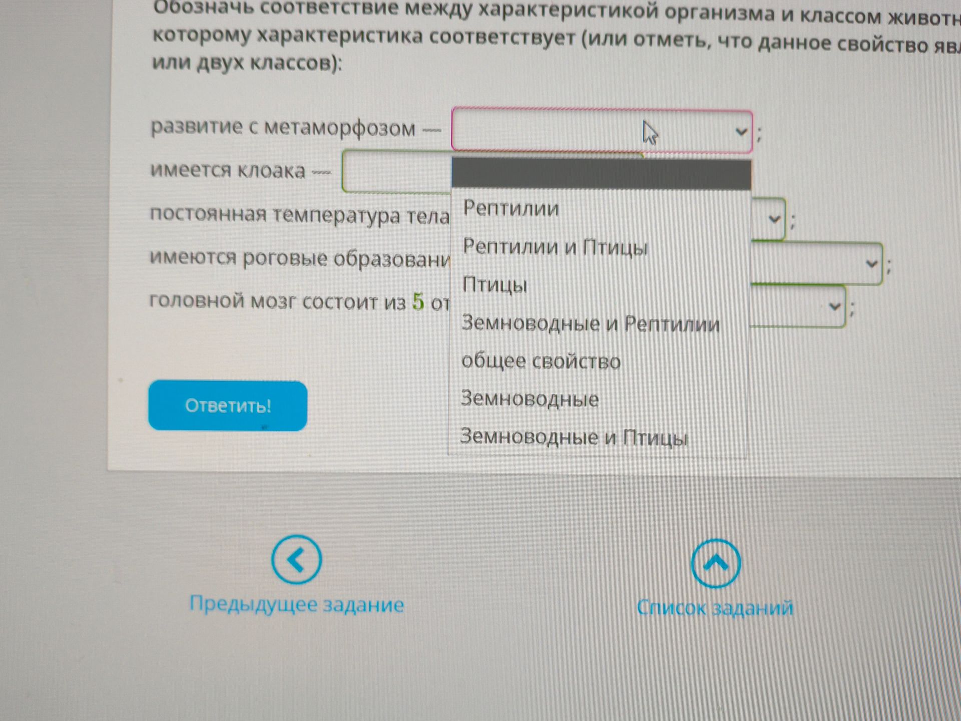 Фото задания: Обозначь соответствие между характеристикой организма и классом животного, которому характеристика соответствует (или отметь,…
