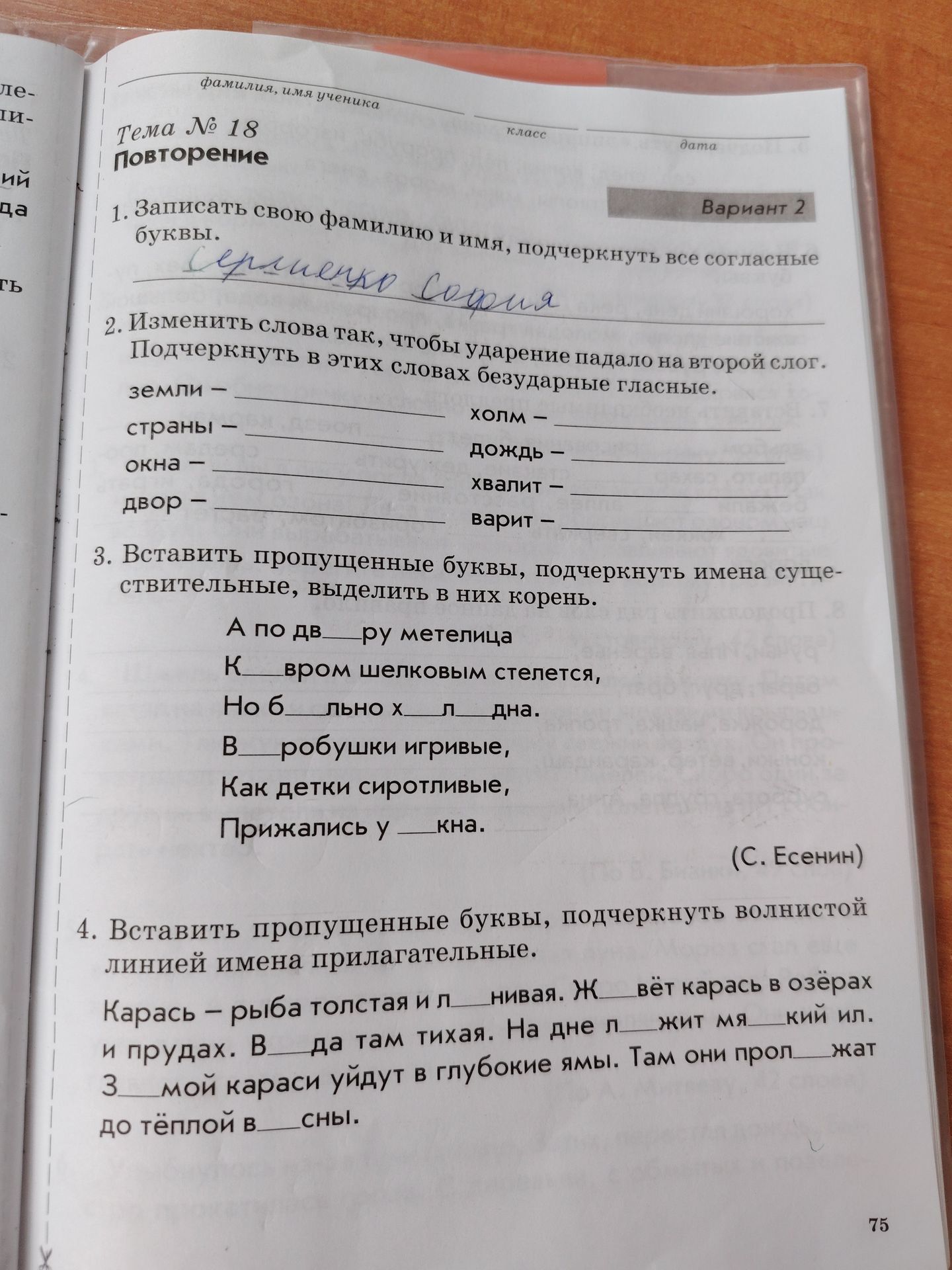 Фото задания: 3. Вставить пропущенные буквы, подчеркнуть имена существительные, выделить в них корень.