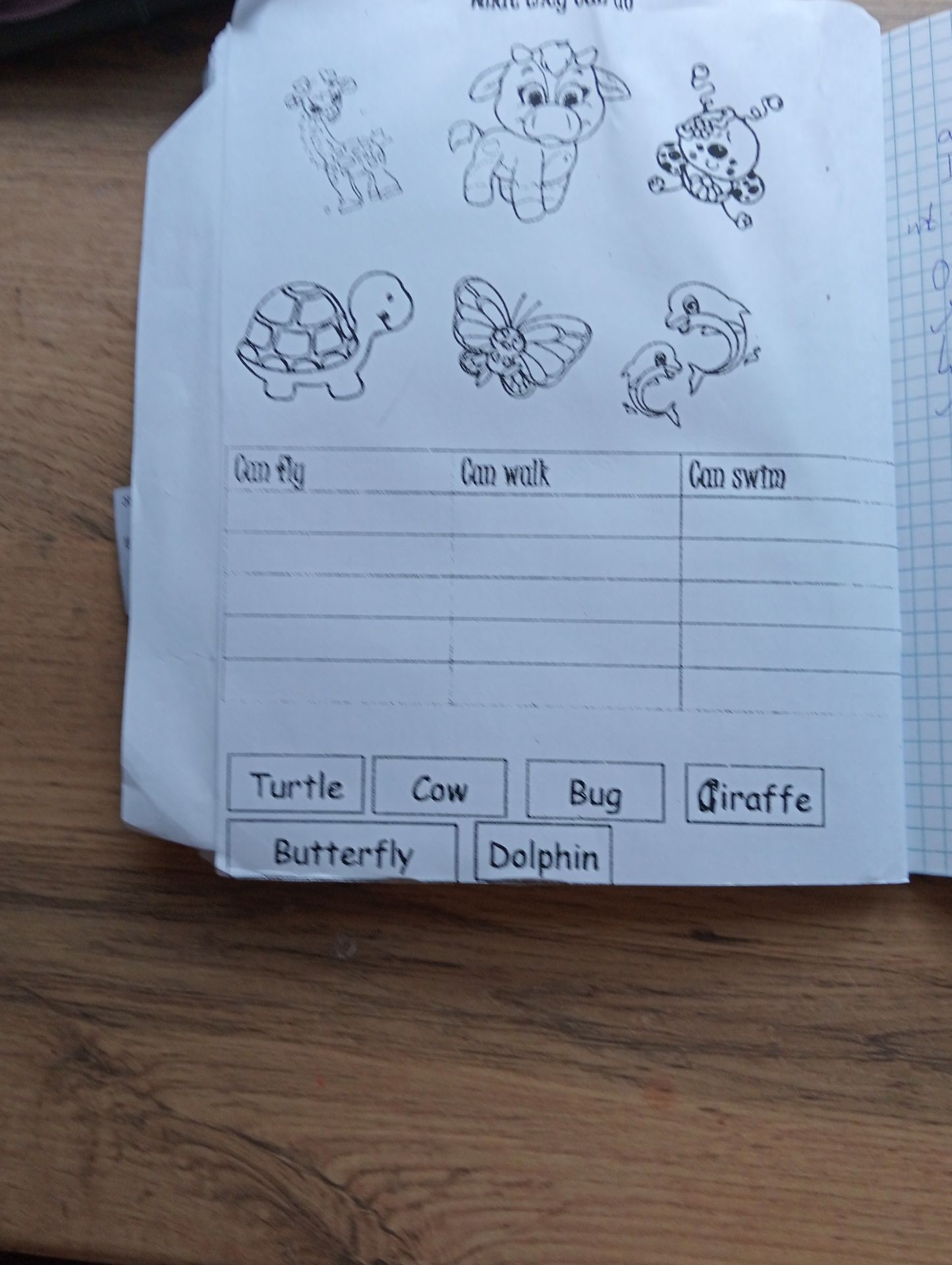 Фото задания: Fill in the table with the animals that can fly, walk, and swim. Then, match the animals with their names.