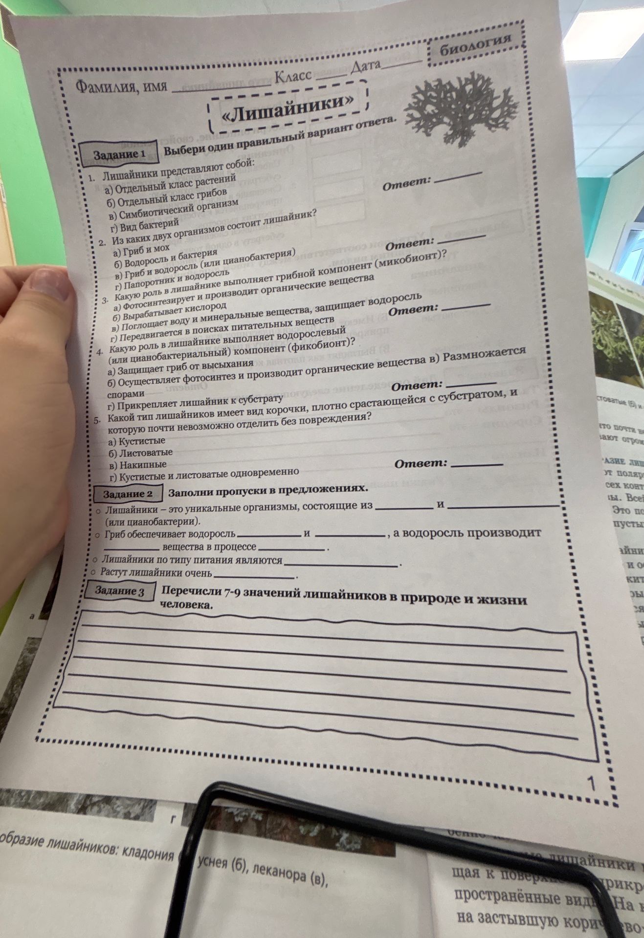 Фото задания: 2. Из каких двух организмов состоит лишайник? а) Гриб и мох б) Водоросль и бактерия в) Гриб и водоросль (или цианобактерия)…