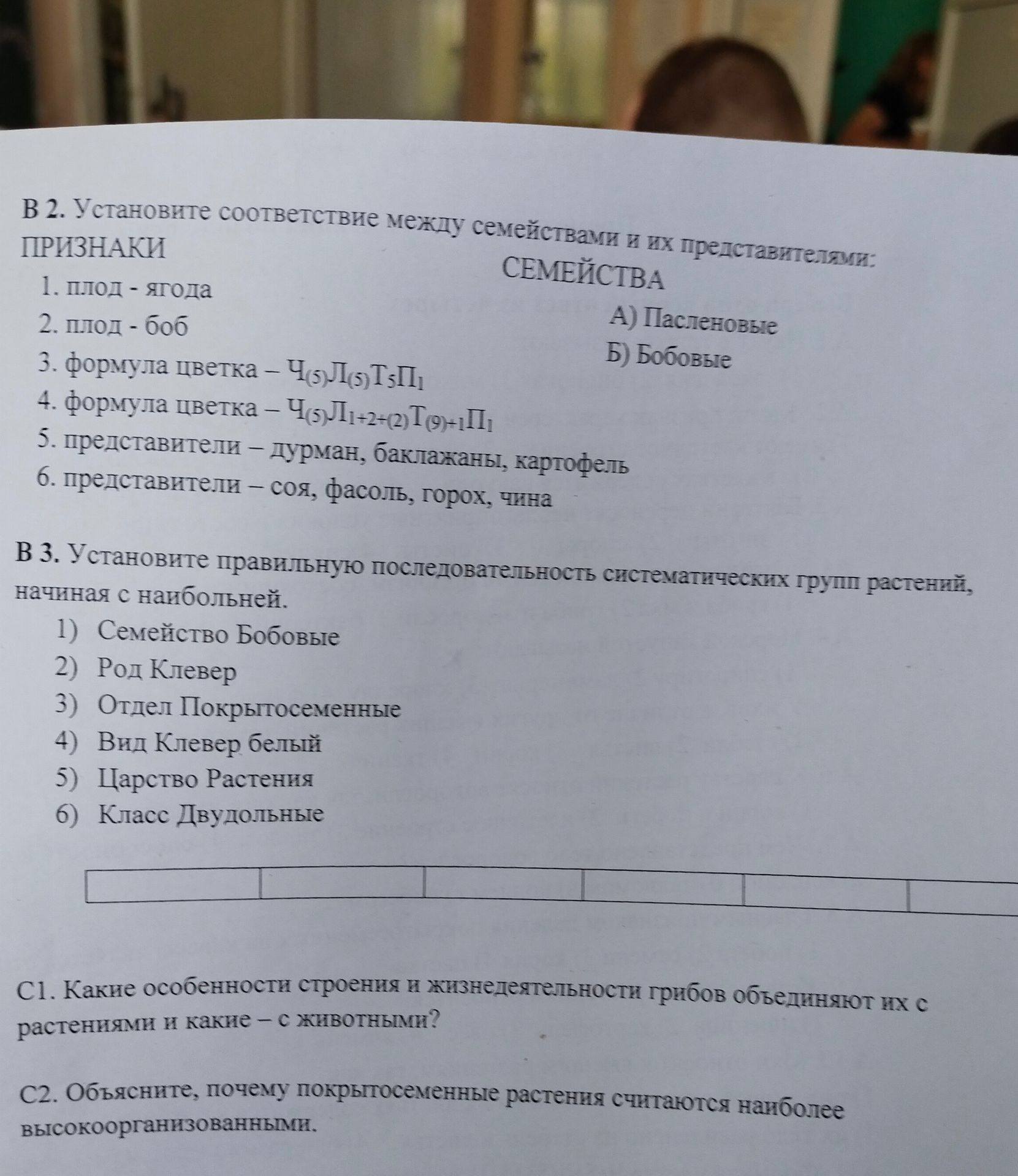 Фото задания: В 2. Установите соответствие между признаками и семействами растений: