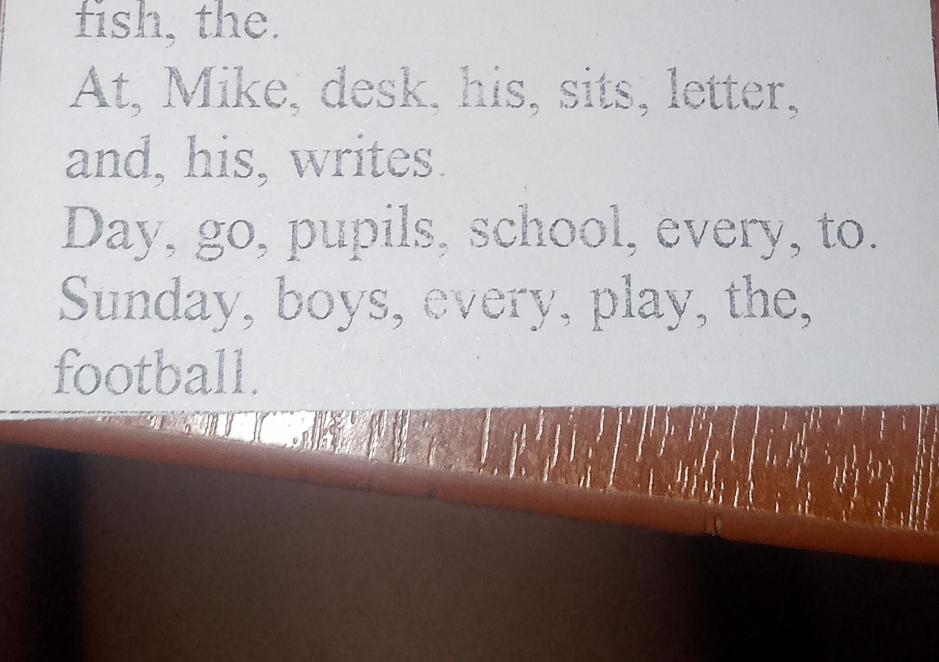 Фото задания: fish, the. At, Mike, desk, his, sits, letter, and, his, writes. Day, go, pupils, school, every, to. Sunday, boys, every,…