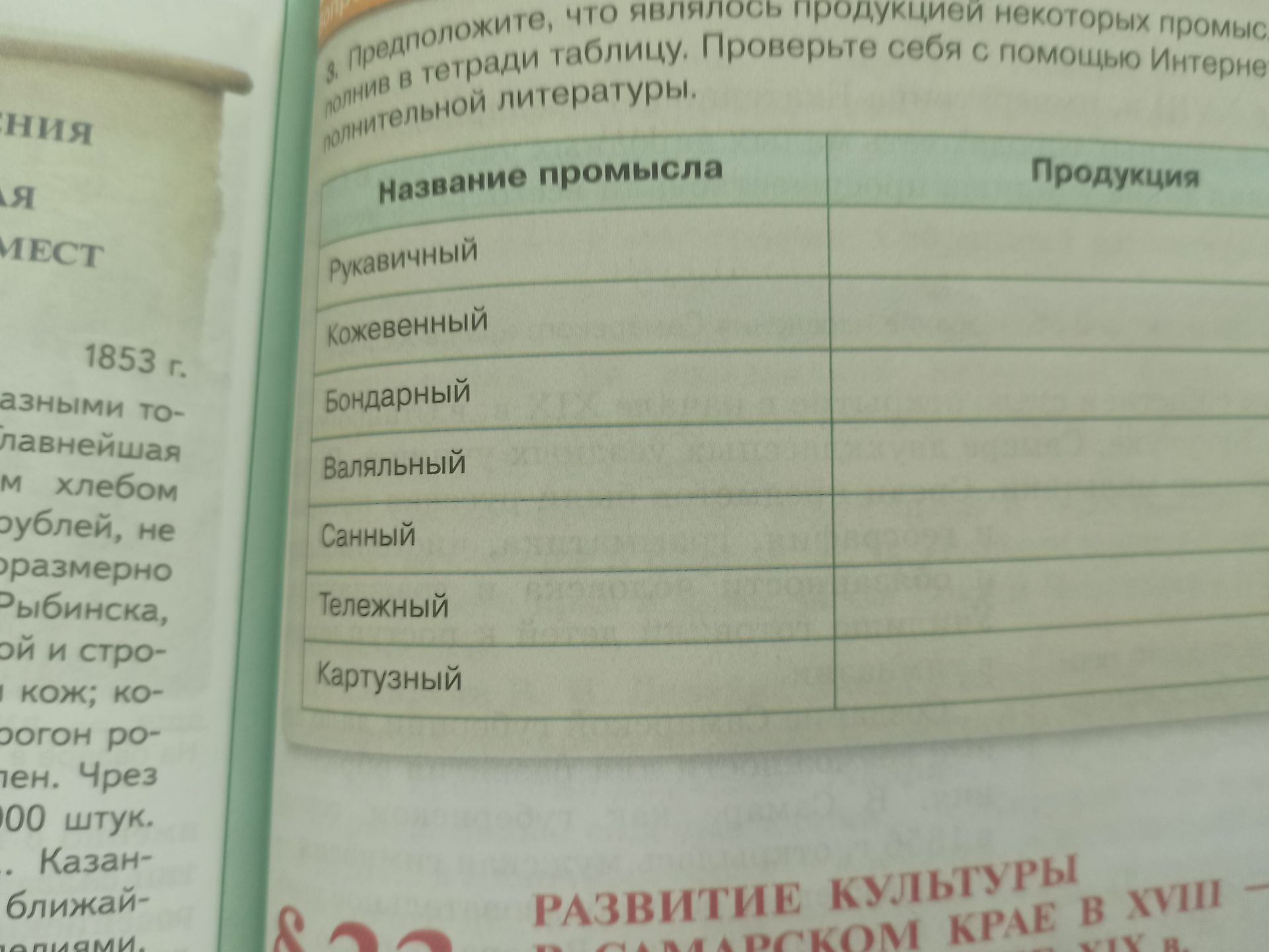 Фото задания: 3. Предположите, что являлось продукцией некоторых промыслов,полнив в тетради таблицу. Проверьте себя с помощью Интернета и…