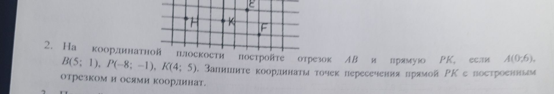 Фото задания: На координатной плоскости постройте отрезок AB и прямую PK, если A(0;6), B(5; 1), P(-8; −1), K(4; 5). Запишите координаты…