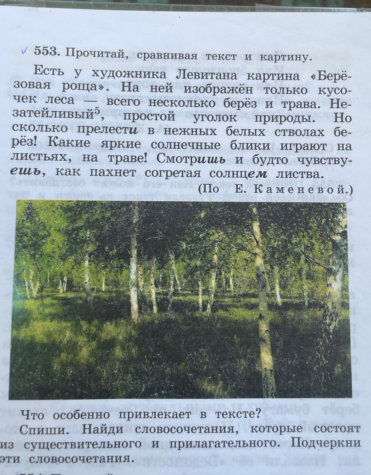 Фото задания: 553. Прочитай, сравнивая текст и картину. Есть у художника Левитана картина «Берёзовая роща». На ней изображён только кусочек…
