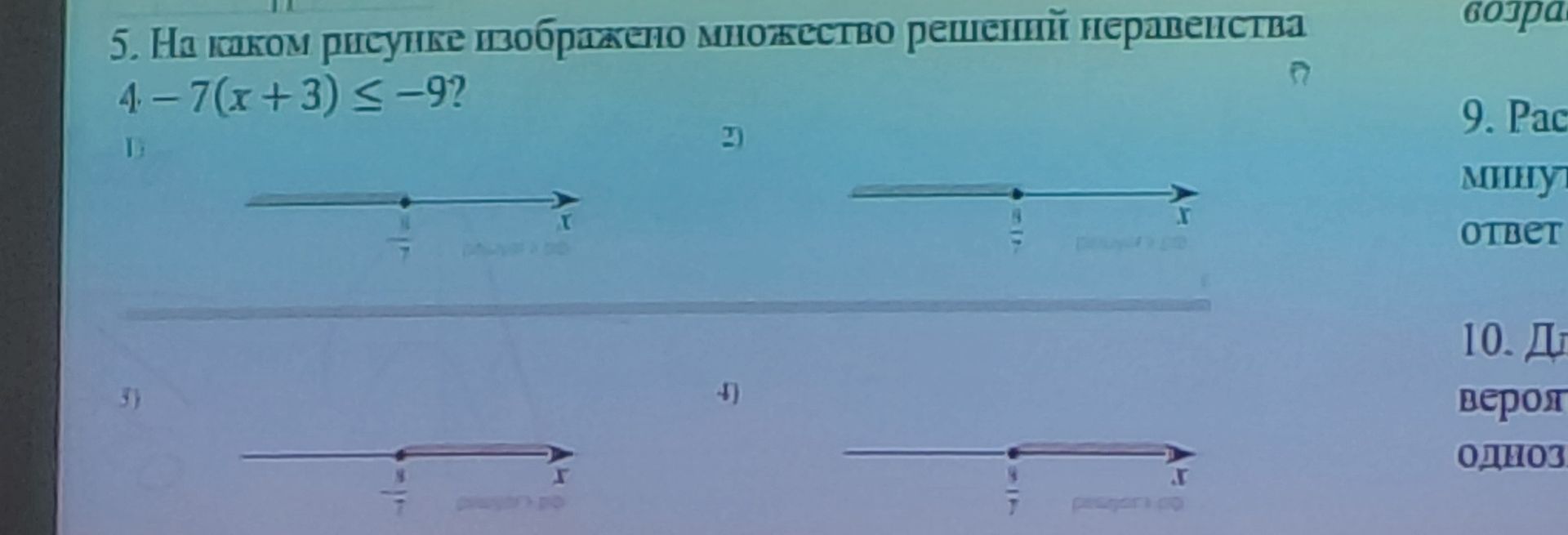 Фото задания: 5. На каком рисунке изображено множество решений неравенства 4 – 7(x + 3) ≤ –9?
