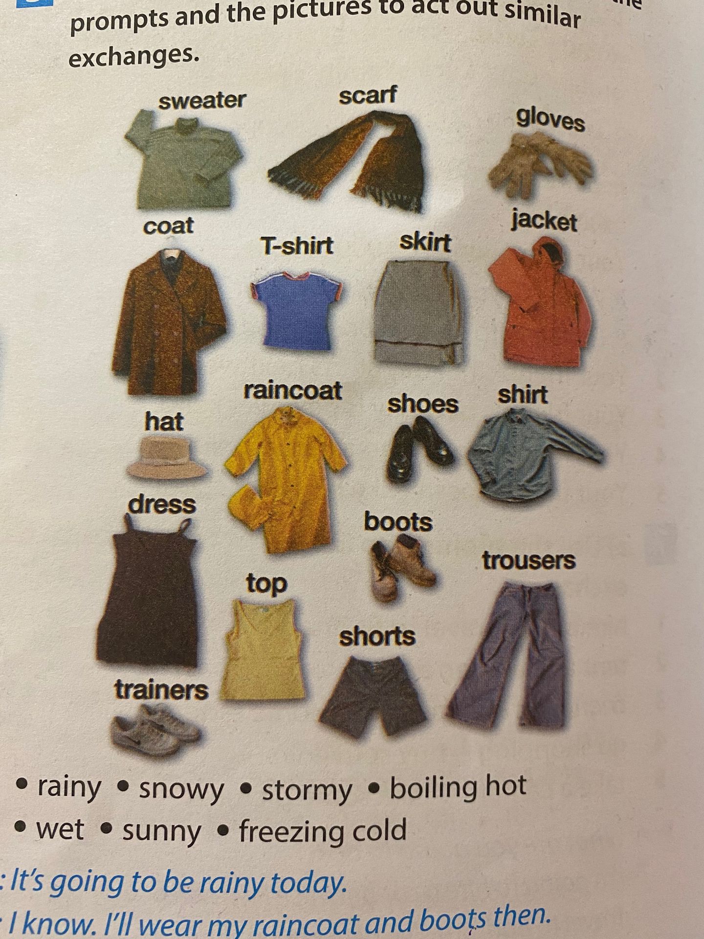 Фото задания: It's going to be rainy today. I know. I'll wear my raincoat and boots then.