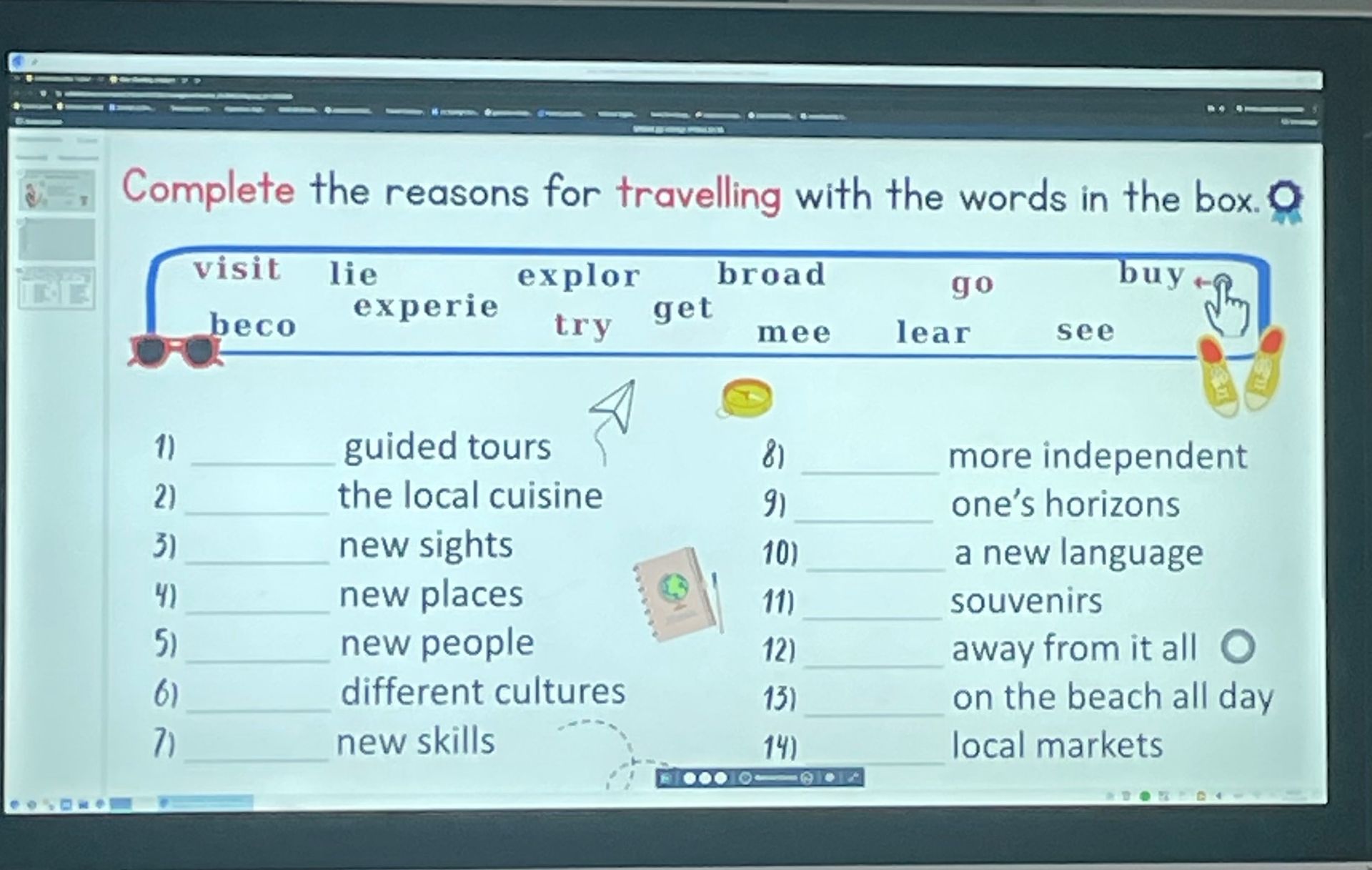 Фото задания: Complete the reasons for travelling with the words in the box.