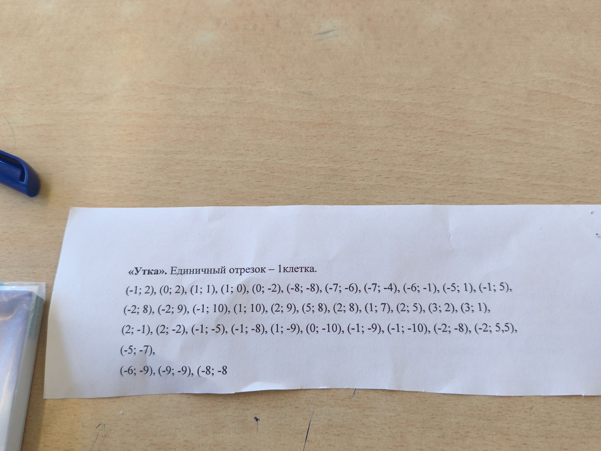 Фото задания: «Утка». Единичный отрезок – 1 клетка. (-1; 2), (0; 2), (1; 1), (1; 0), (0; -2), (-8; -8), (-7; -6), (-7; -4), (-6; -1),…