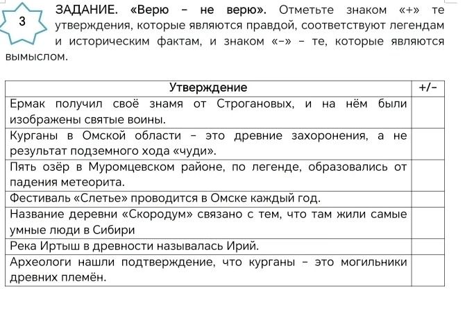 Фото задания: ЗАДАНИЕ. «Верю — не верю». Отметьте знаком «+» те утверждения, которые являются правдой, соответствуют легендам и…