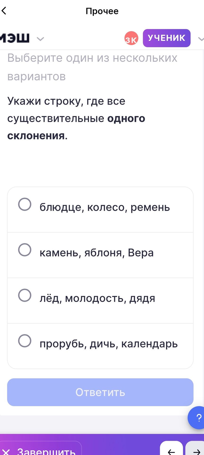 Фото задания: Укажи строку, где все существительные одного склонения.