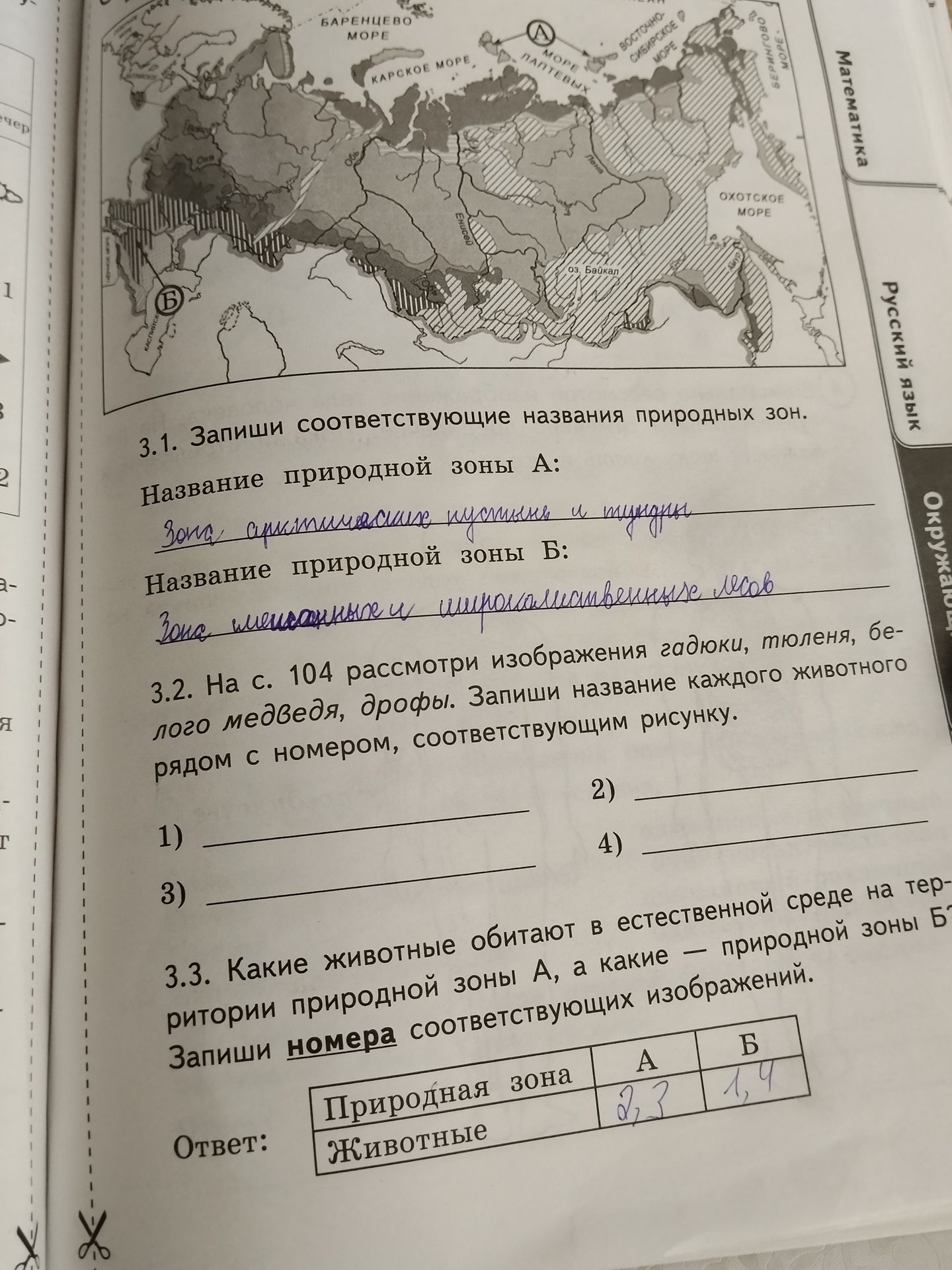 Фото задания: 3.2. На с. 104 рассмотри изображения гадюки, тюленя, белого медведя, дрофы. Запиши название каждого животного рядом с…