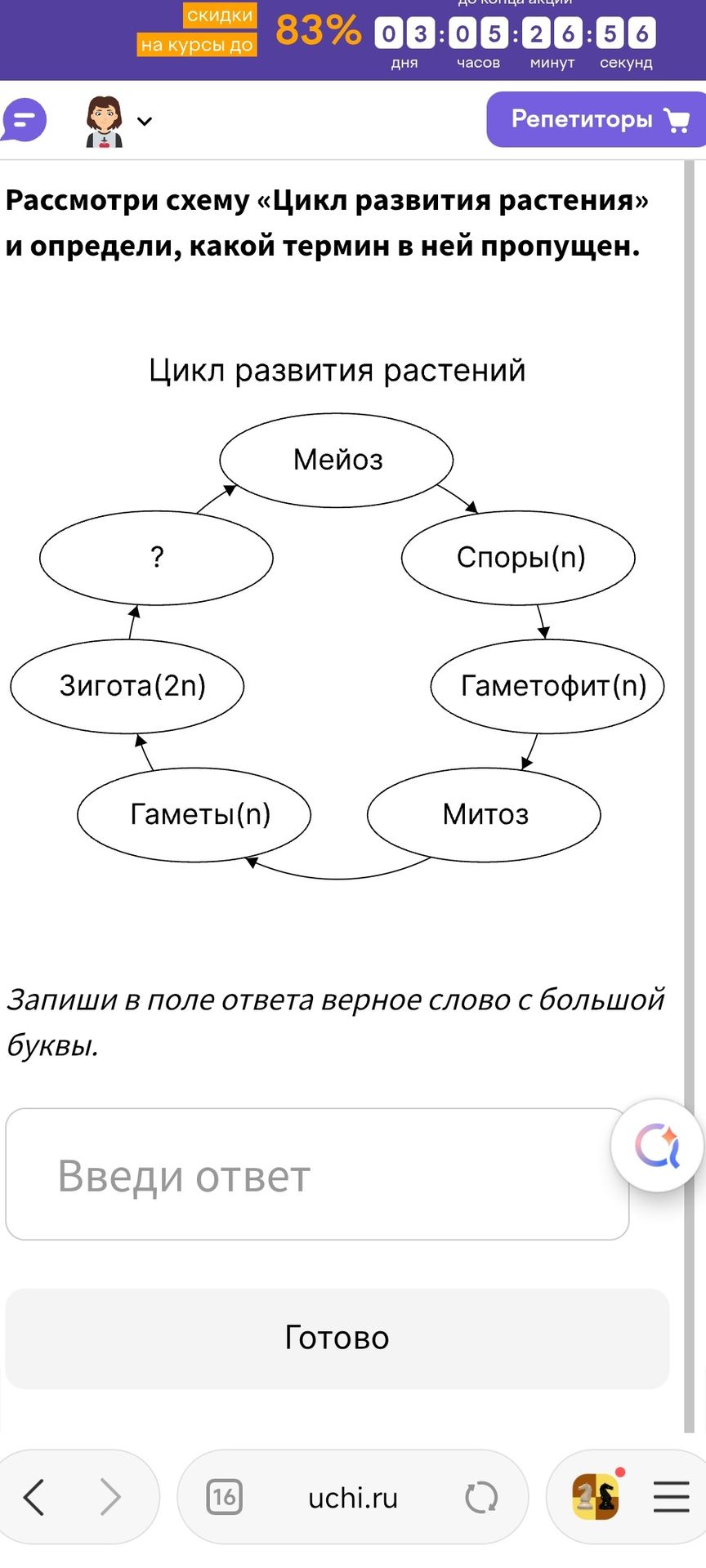 Фото задания: Рассмотри схему «Цикл развития растения» и определи, какой термин в ней пропущен.