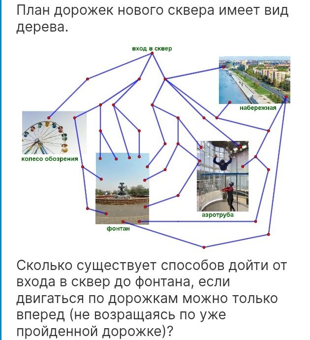 Фото задания: Сколько существует способов дойти от входа в сквер до фонтана, если двигаться по дорожкам можно только вперед (не…