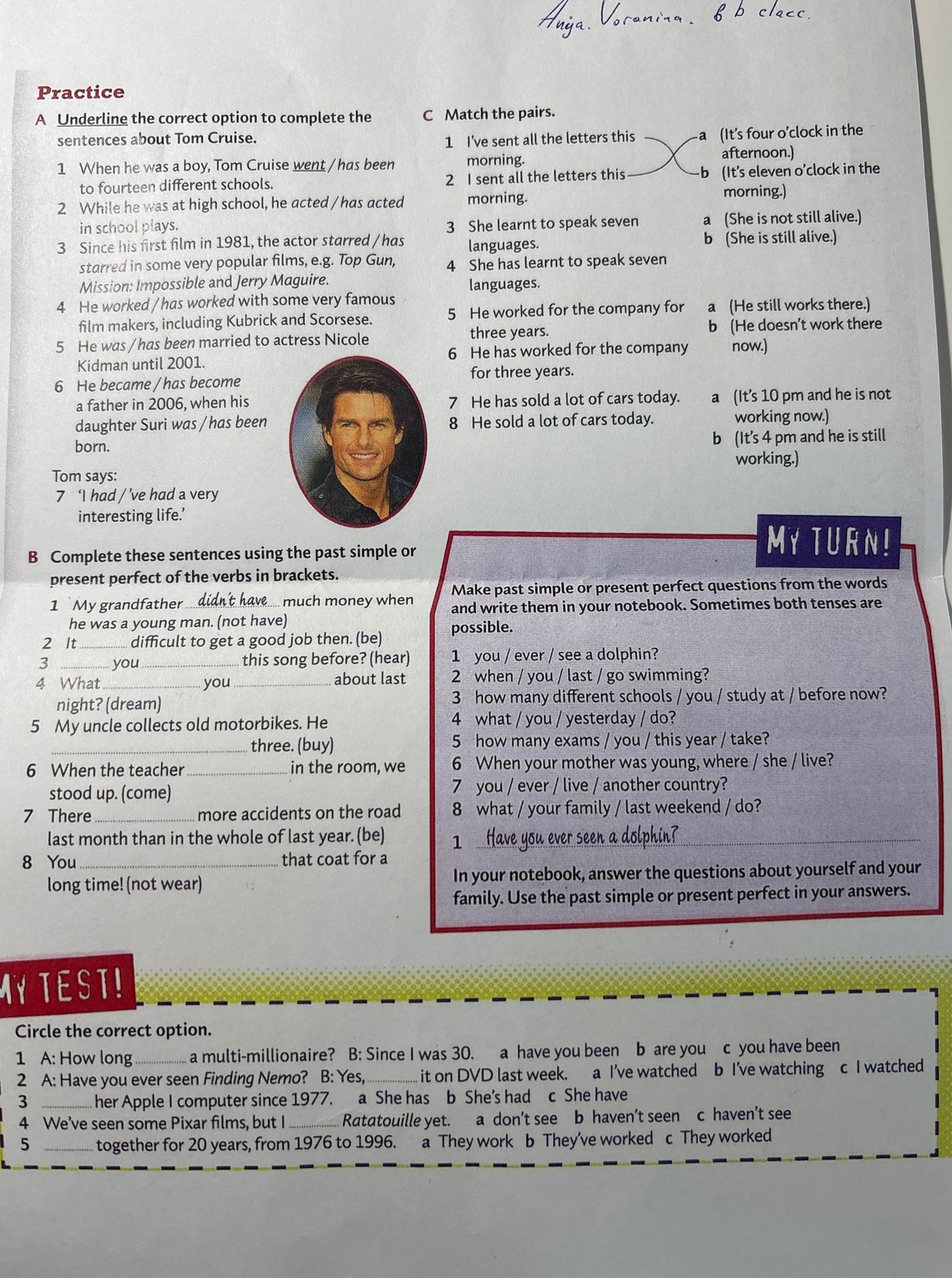 Фото задания: Practice A: Underline the correct option to complete the sentences about Tom Cruise.