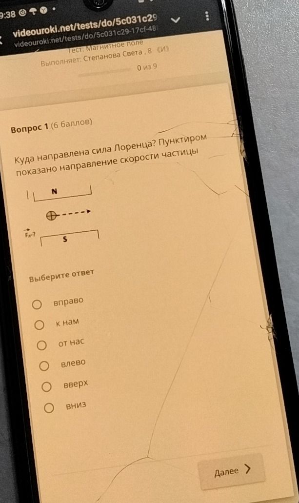 Фото задания: Куда направлена сила Лоренца? Пунктиром показано направление скорости частицы