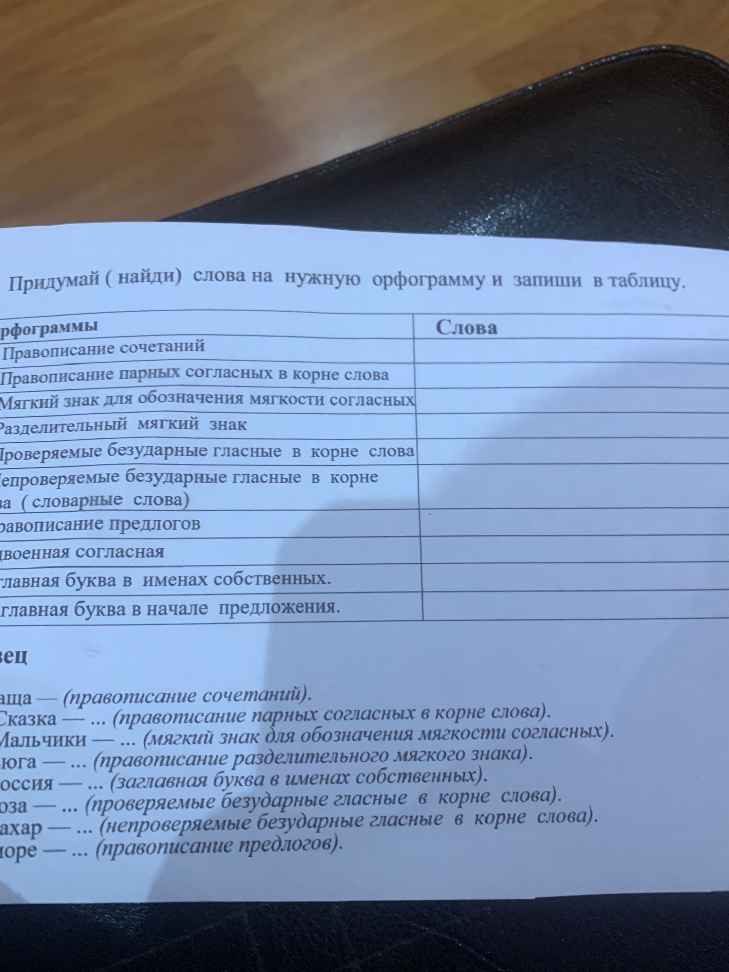 Фото задания: Придумай (найди) слова на нужную орфограмму и запиши в таблицу.