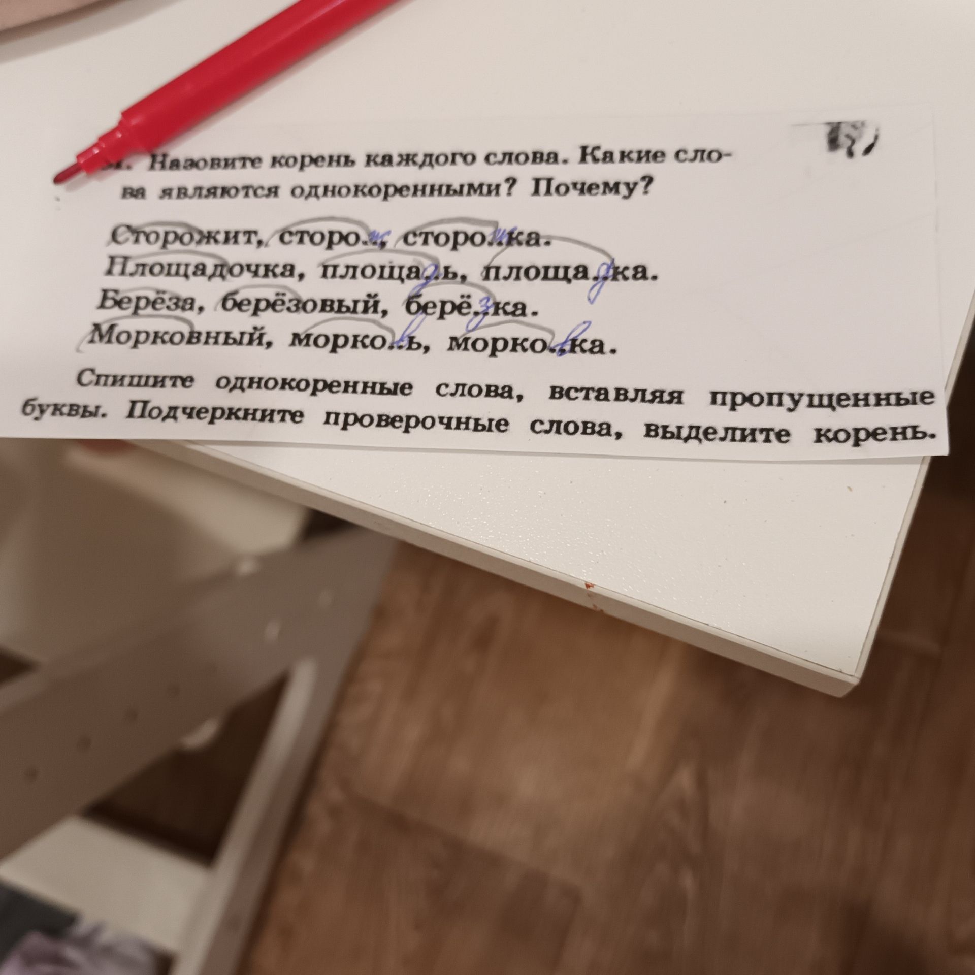 Фото задания: 4. Назовите корень каждого слова. Какие слова являются однокоренными? Почему? Сторожит, сторож, сторожка. Площадочка,…