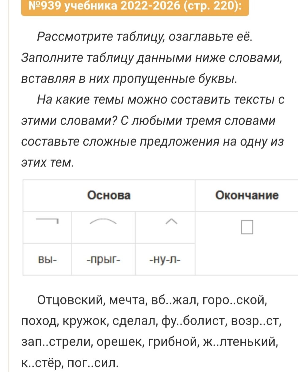 Фото задания: Рассмотрите таблицу, озаглавьте её. Заполните таблицу данными ниже словами, вставляя в них пропущенные буквы. На какие темы…