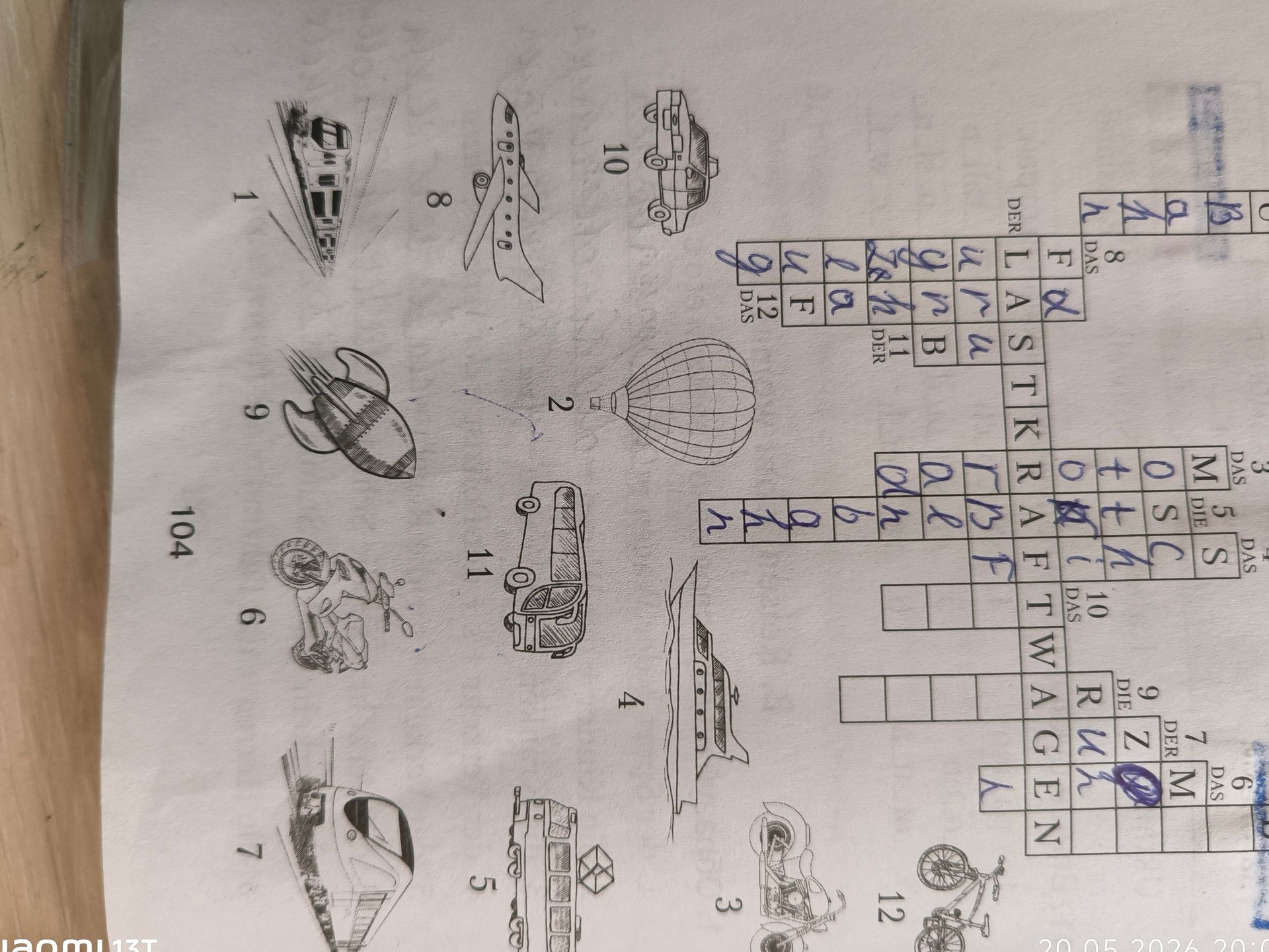 Фото задания: Complete the crossword puzzle based on the images. The answers are German words for the vehicles shown.