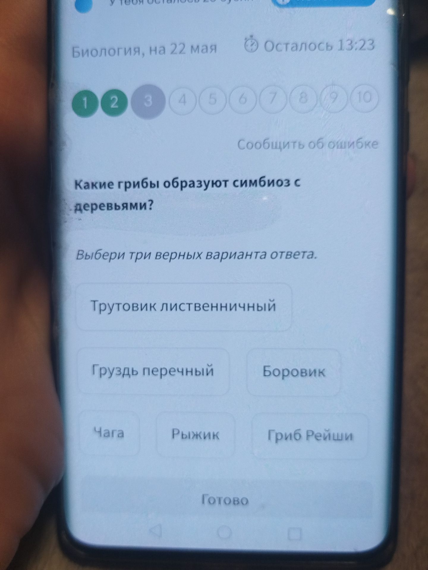 Фото задания: Какие грибы образуют симбиоз с деревьями? Выбери три верных варианта ответа.