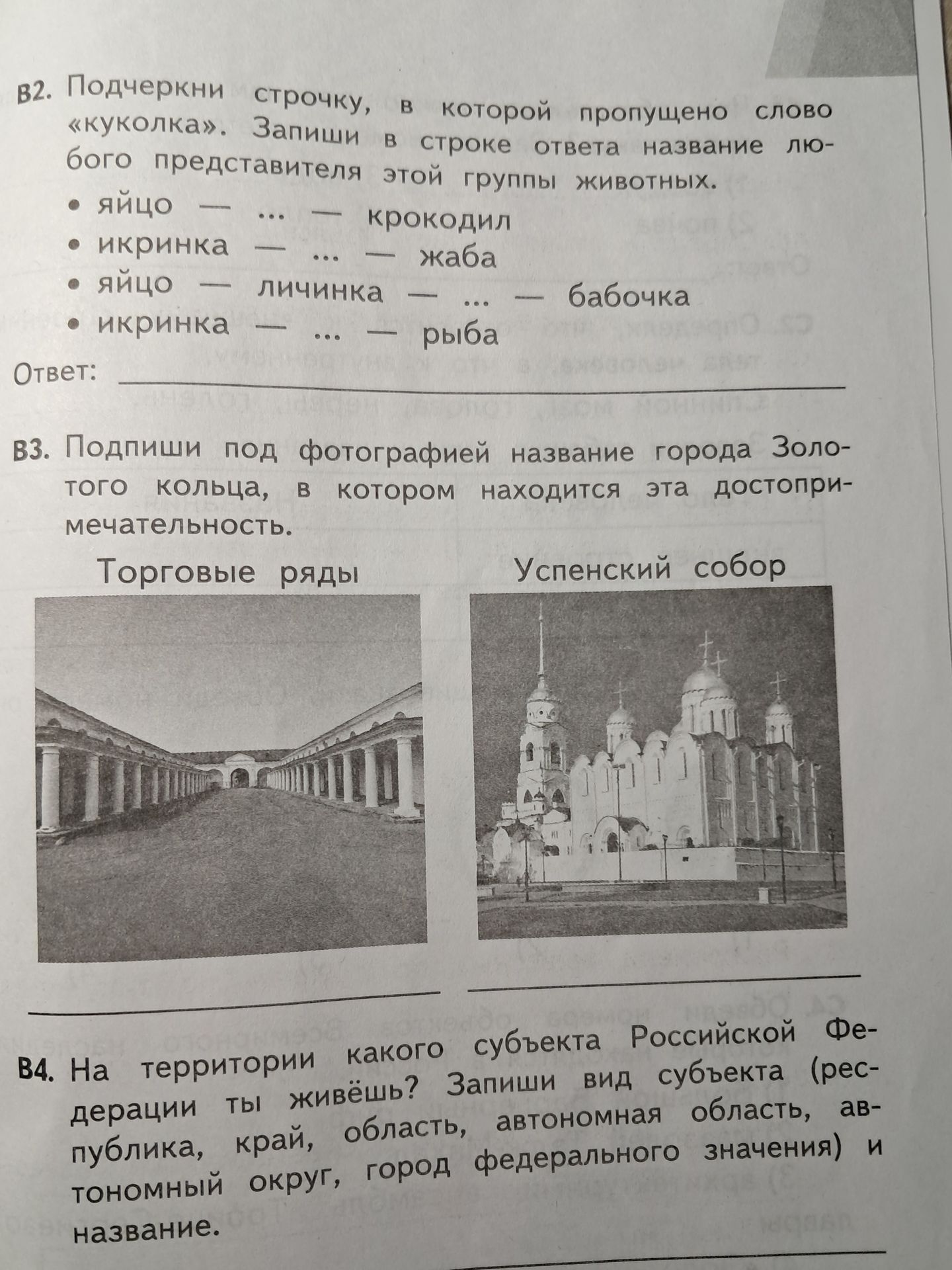 Фото задания: В4. На территории какого субъекта Российской Федерации ты живёшь? Запиши вид субъекта (республика, край, область,…