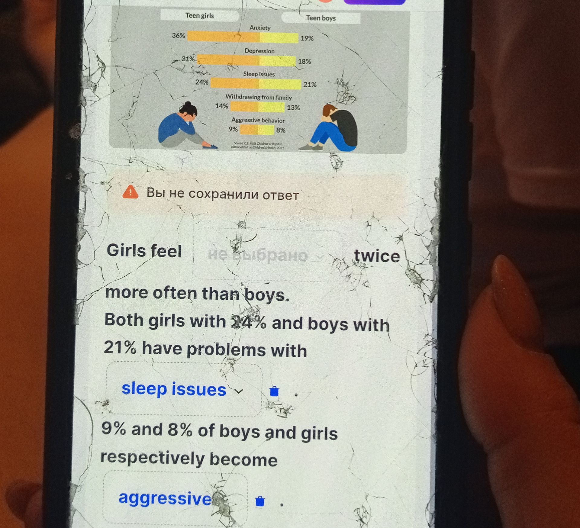 Фото задания: Based on the provided image, please extract the data related to the mental health of teenage girls and boys.