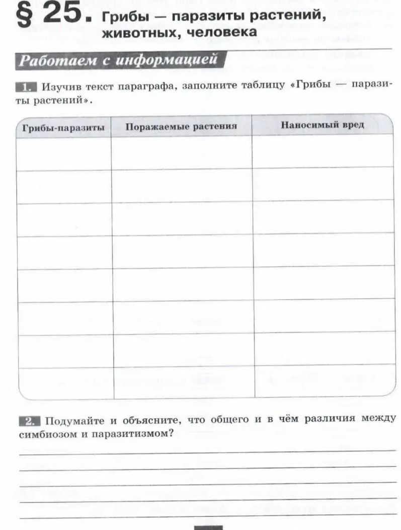 Фото задания: 1. Изучив текст параграфа, заполните таблицу «Грибы — паразиты растений».