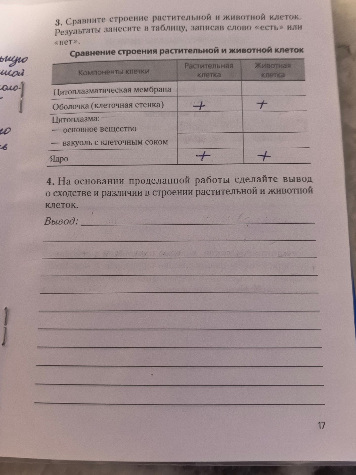 Фото задания: 3. Сравните строение растительной и животной клеток. Результаты занесите в таблицу, записав слово «есть» или «нет».