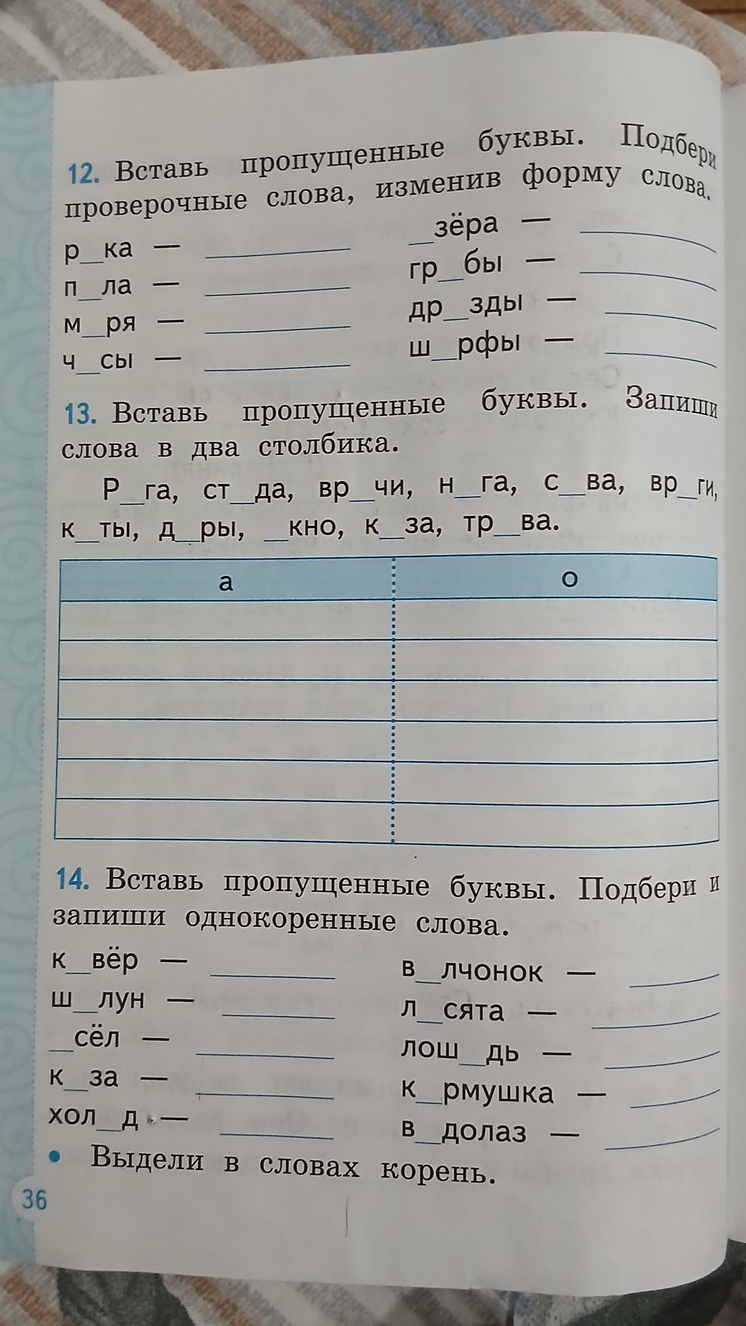 Фото задания: 13. Вставь пропущенные буквы. Запиши слова в два столбика.
