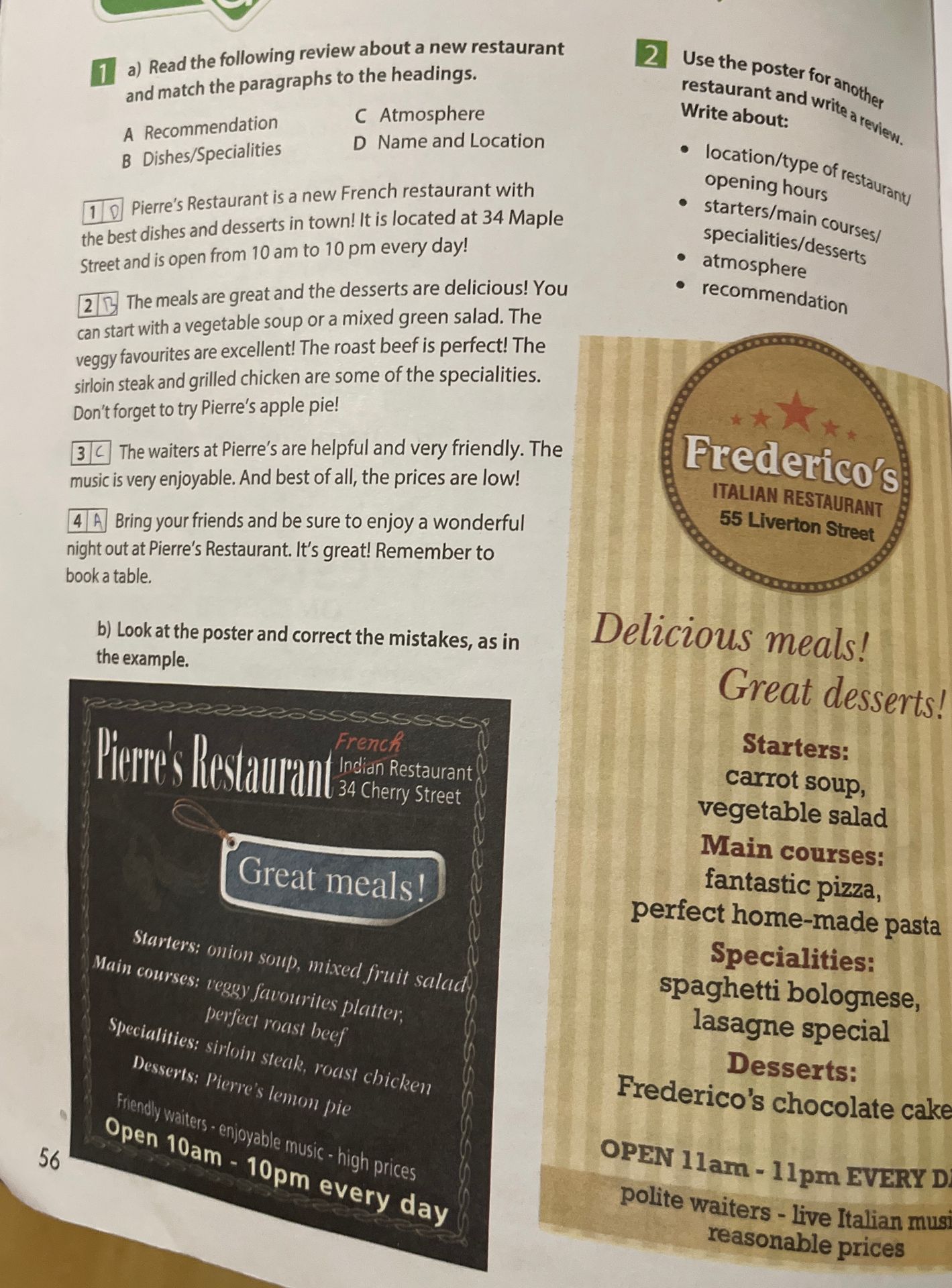 Фото задания: 2 Use the poster for another restaurant and write a review. Write about: • location/type of restaurant/ opening hours •…