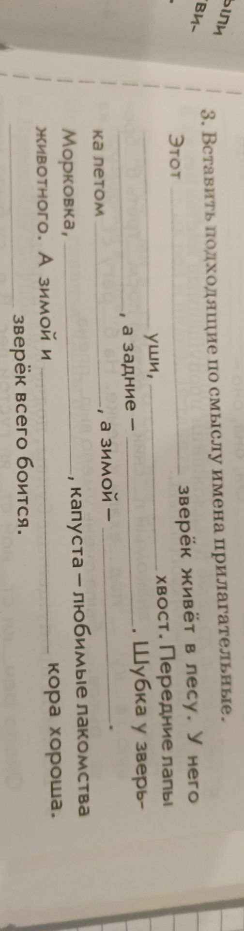 Фото задания: 3. Вставить подходящие по смыслу имена прилагательные. Этот зверёк живёт в лесу. У него хвост. Передние лапы Шубка у зверь-…