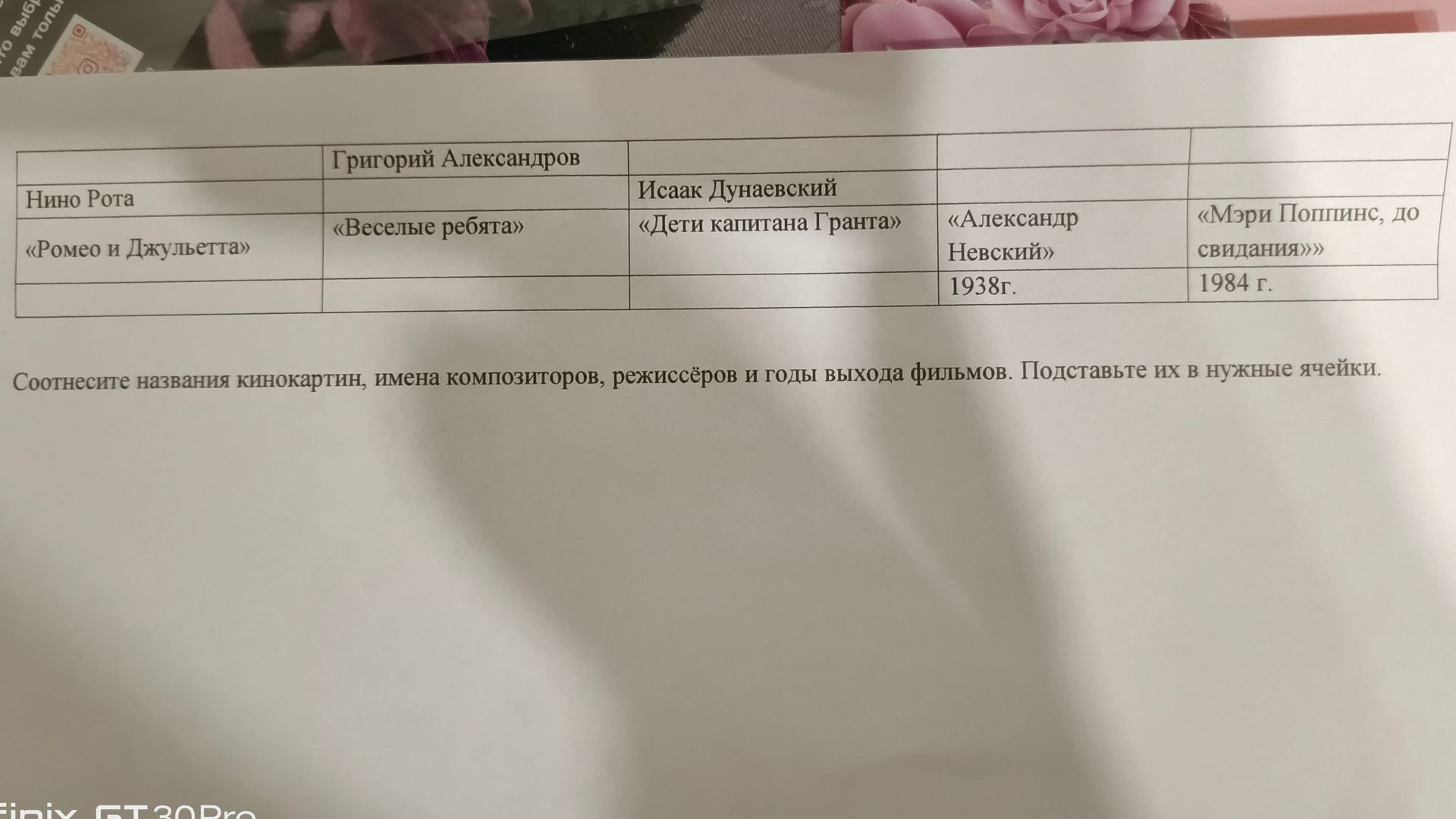 Фото задания: Соотнесите названия кинокартин, имена композиторов, режиссёров и годы выхода фильмов. Подставьте их в нужные ячейки.
