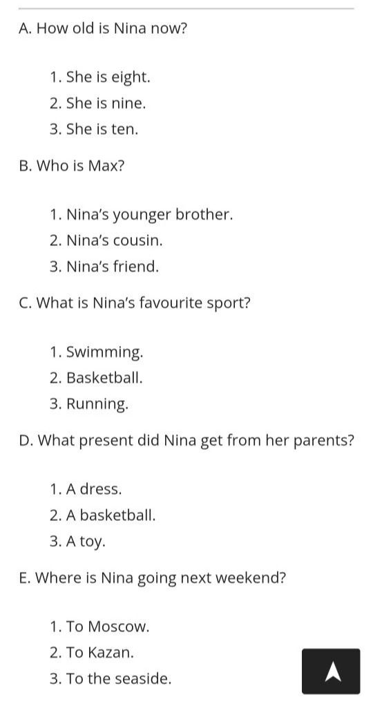 Фото задания: D. What present did Nina get from her parents?