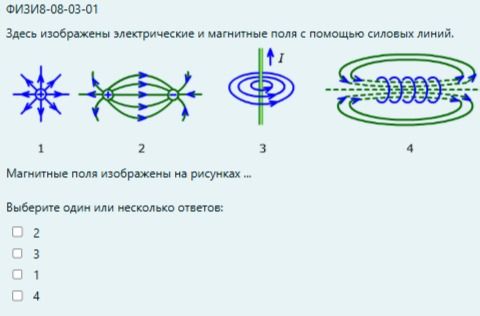 Фото задания: Здесь изображены электрические и магнитные поля с помощью силовых линий. Магнитные поля изображены на рисунках ... Выберите…