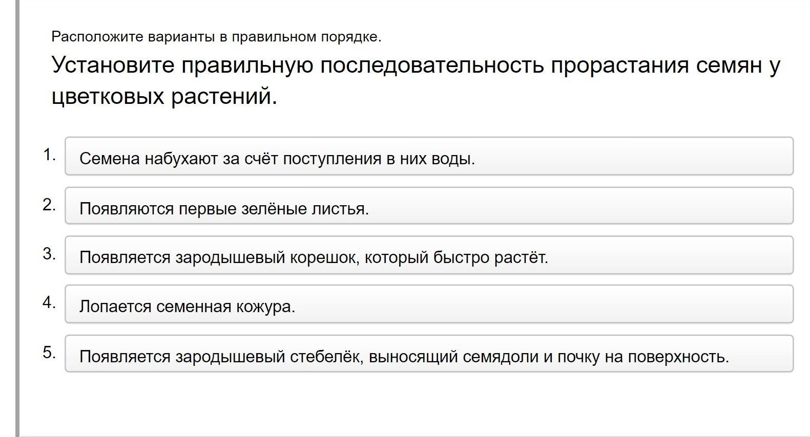 Фото задания: Расположите варианты в правильном порядке. Установите правильную последовательность прорастания семян у цветковых растений.