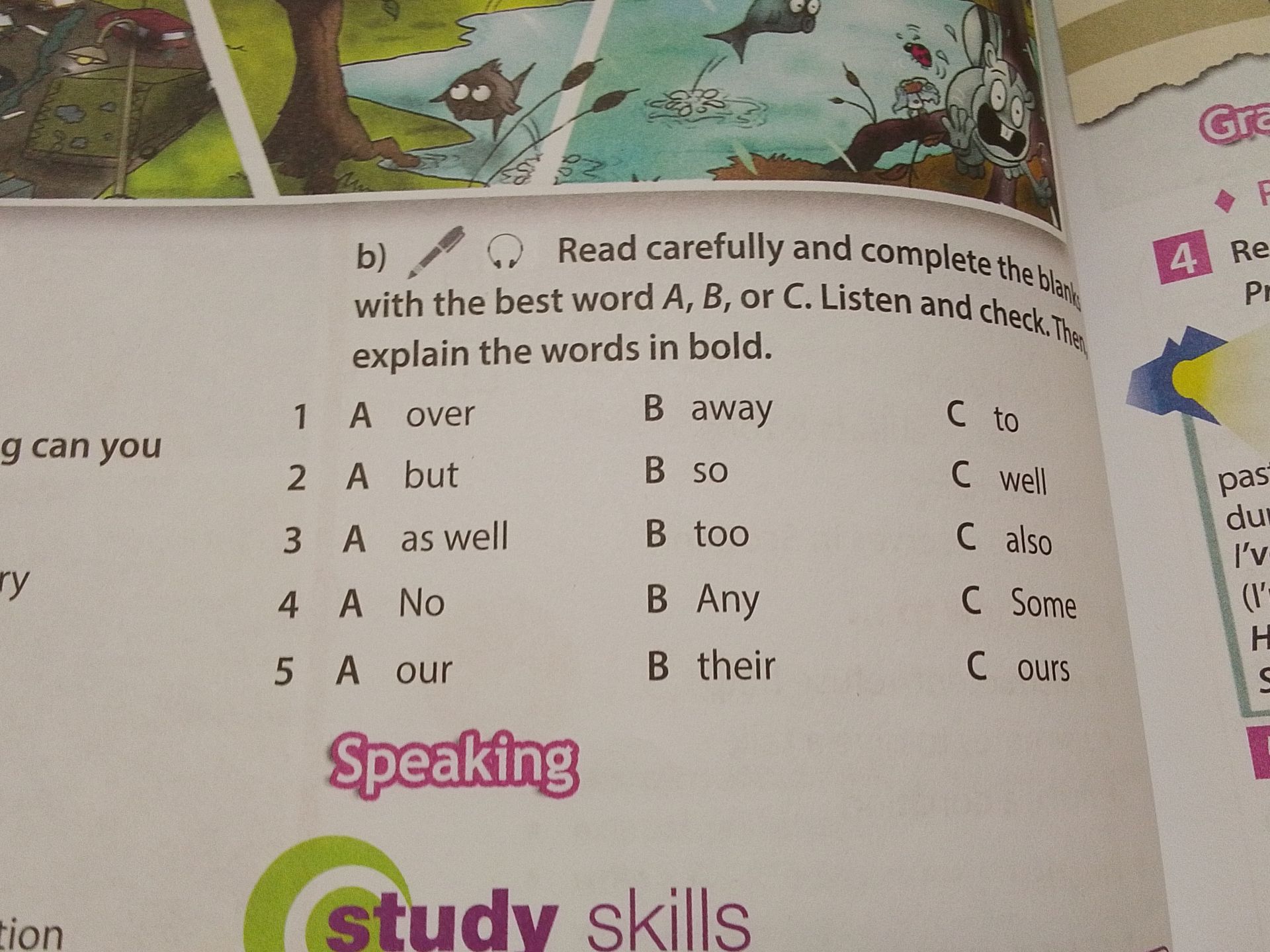 Фото задания: b) Read carefully and complete the blank with the best word A, B, or C. Listen and check. Then explain the words in bold.