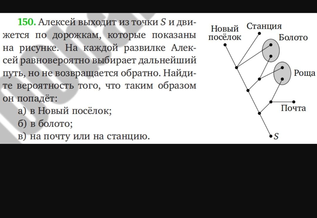 Фото задания: 150. Алексей выходит из точки S и движется по дорожкам, которые показаны на рисунке. На каждой развилке Алексей равновероятно…