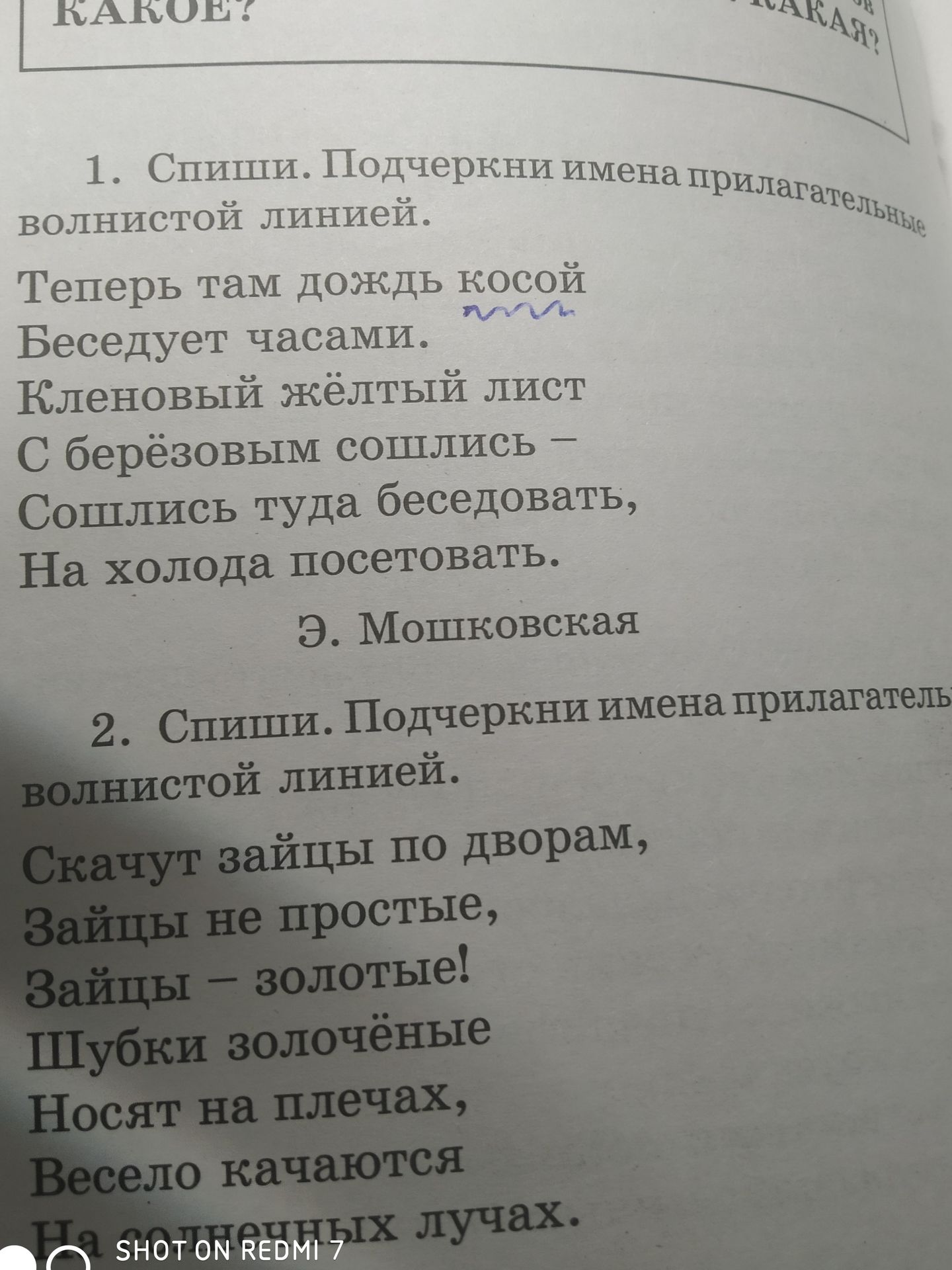 Фото задания: 2. Спиши. Подчеркни имена прилагательные волнистой линией. Скачут зайцы по дворам, Зайцы не простые, Зайцы — золотые! Шубки…