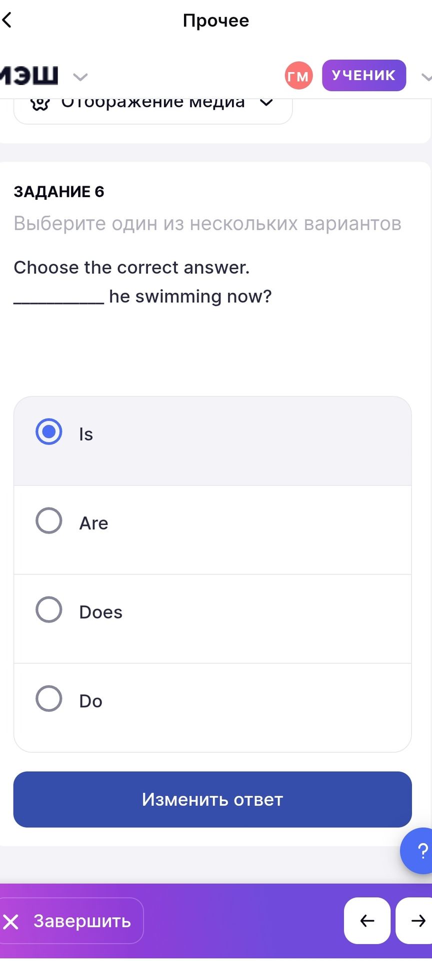 Фото задания: Choose the correct answer. ______ he swimming now?