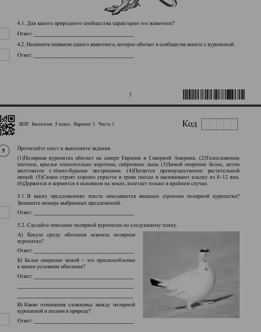 Фото задания: 5.2. Сделайте описание полярной куропатки по следующему плану. А) Какую среду обитания освоила полярная куропатка? Ответ: