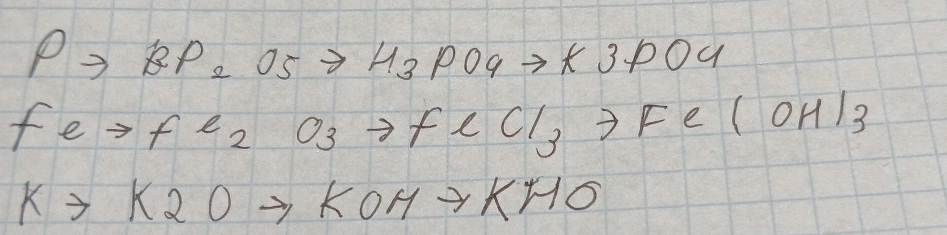 Фото задания: P → P₂O₅ → H₃PO₄ → K₃PO₄ Fe → Fe₂O₃ → FeCl₃ → Fe(OH)₃ K → K₂O → KOH → KHO