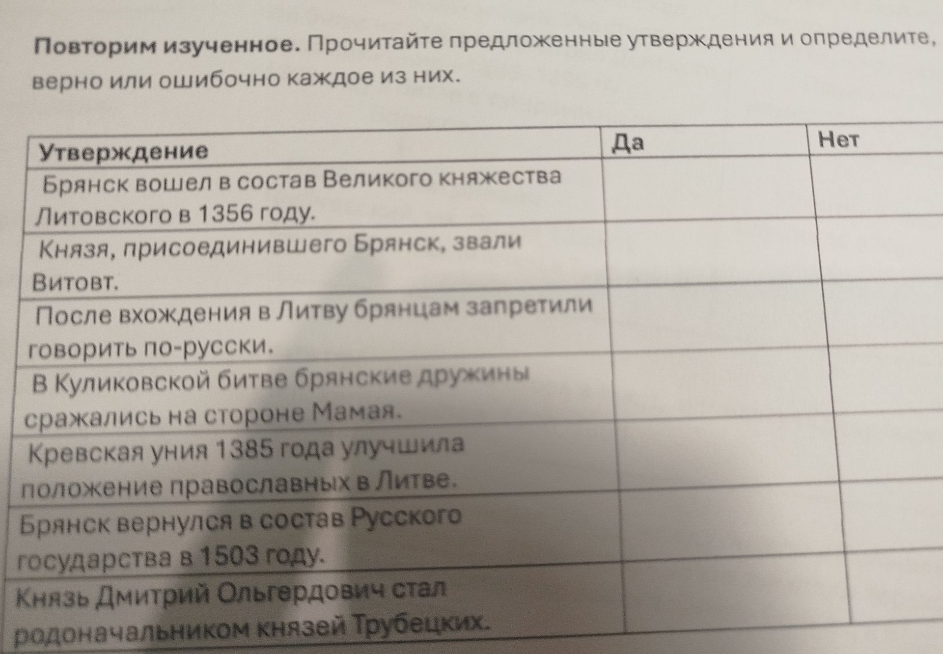 Фото задания: Князя, присоединившего Брянск, звали Витовт.