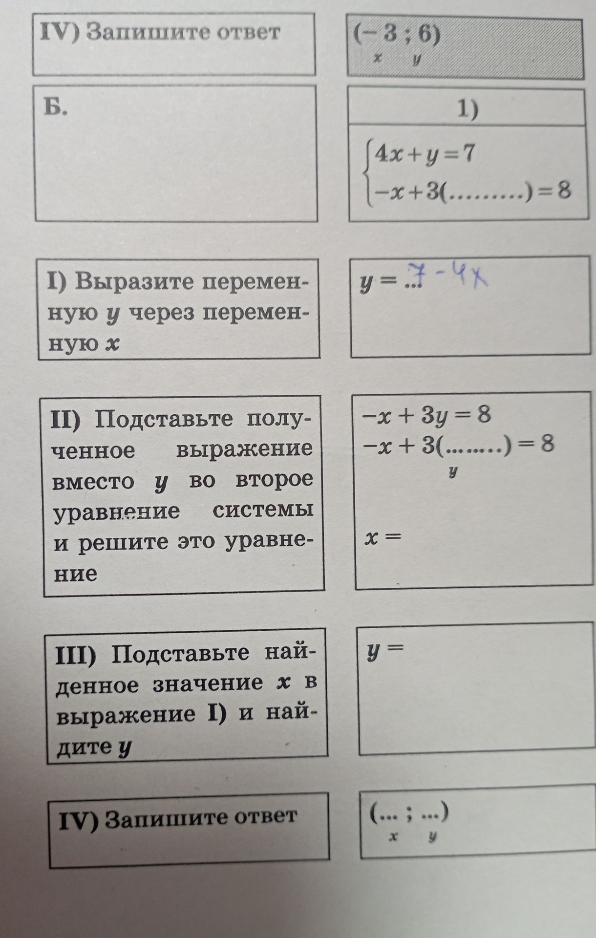 Фото задания: 1) 4x+y=7 -x+3(.........)=8