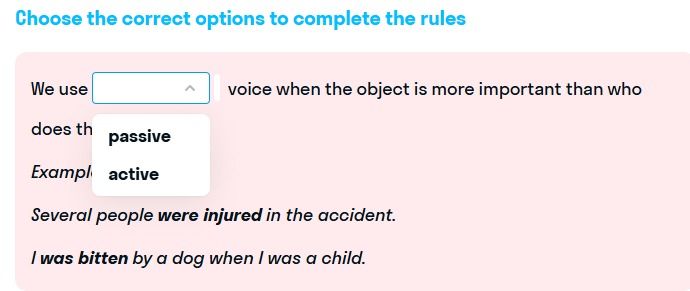 Фото задания: We use ______ voice when the object is more important than who does the action. Examples: Several people were injured in…