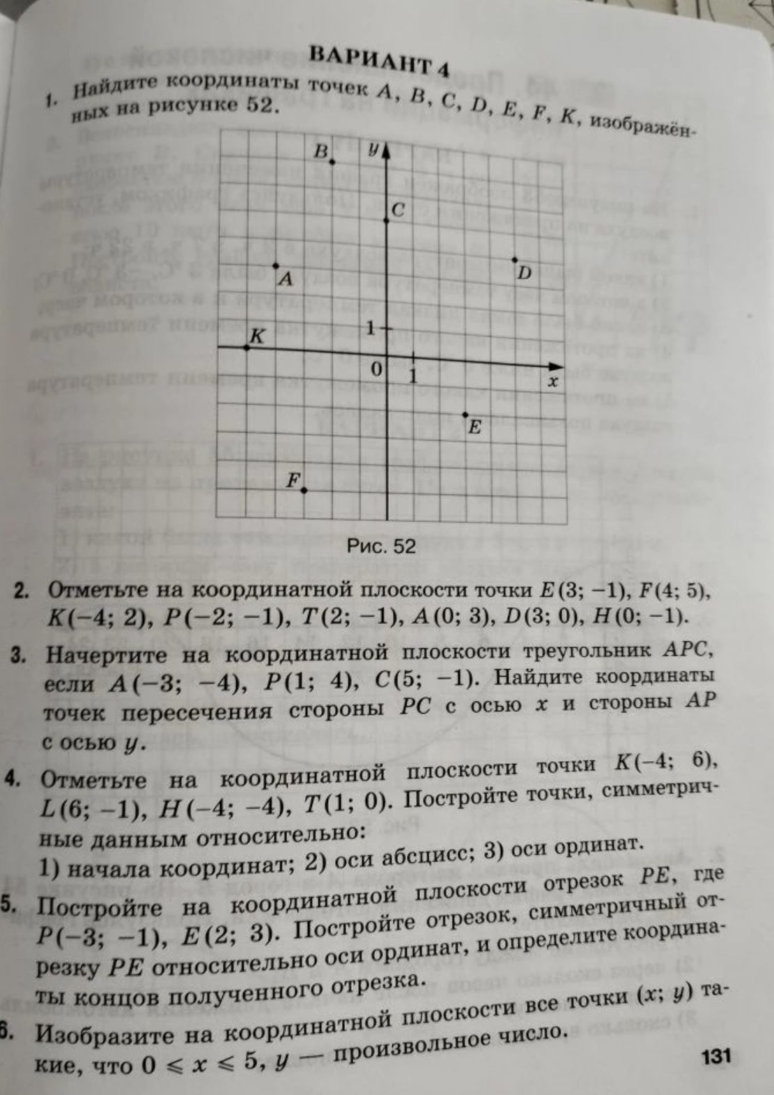 Фото задания: 1. Найдите координаты точек А, В, C, D, E, F, K, изображённых на рисунке 52.